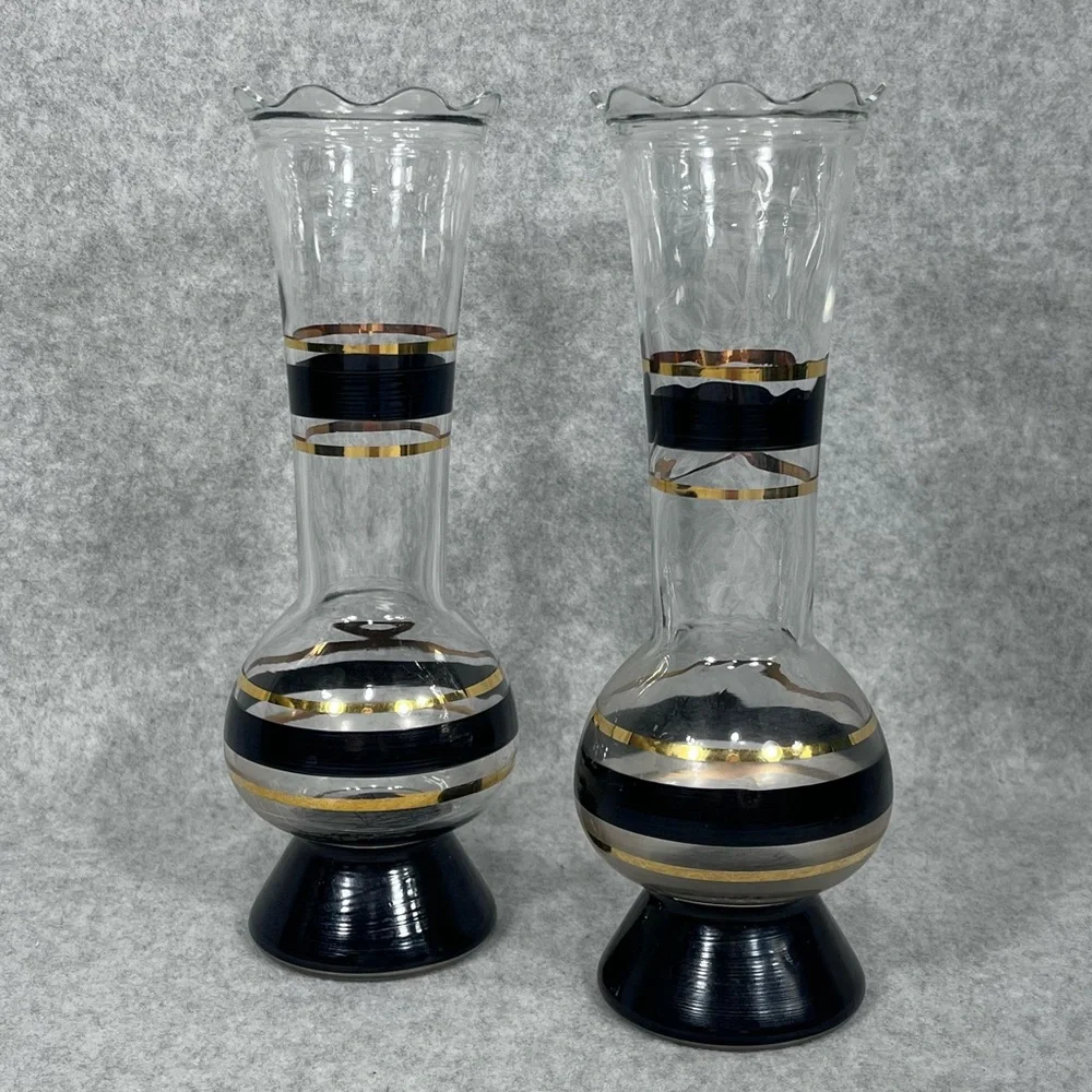 Mid Century Modern Style Vases Black Gold Painted Stripes Ruffled‎ Edge Opening